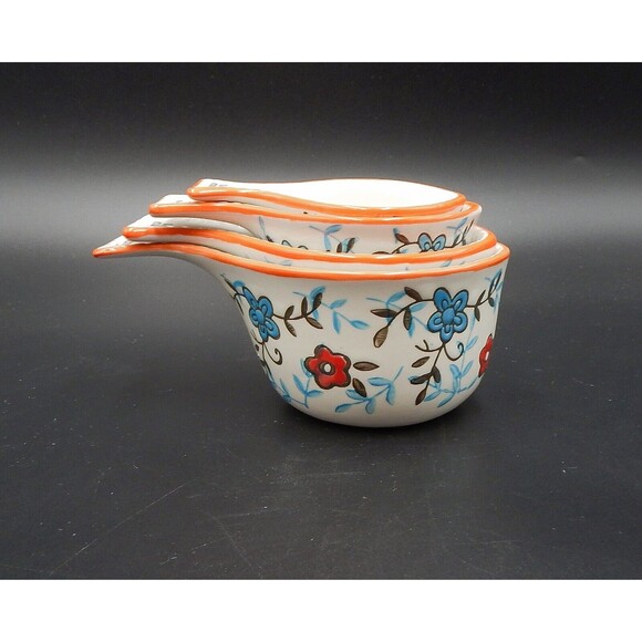 Dutch Wax Floral Measuring Cups Set Hand-Painted Ceramic Multi-Colored S/4 - Picture 3 of 7